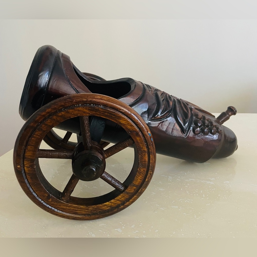 Vintage Hand Made Carved Brown Wood Cannon Wine Bottle Holder One of a Kind